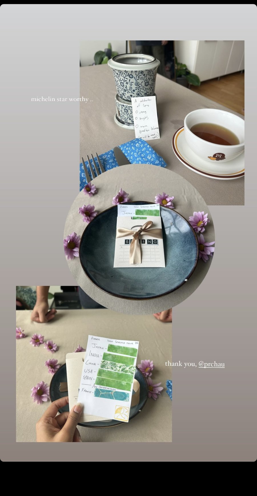 A recap collage: the table setting, the menu card tied with ribbon on a plate, and a hand holding a stack of course cards.